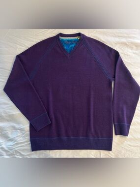 Robert Graham Men's Plum V-Neck Sweater with Contrasting Turquoise Lining